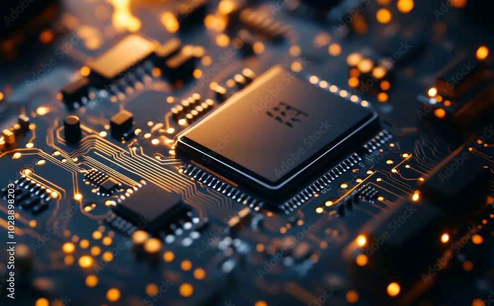 Poster circuit board hi-tech technology on dark blue background representing microchip processors. informat