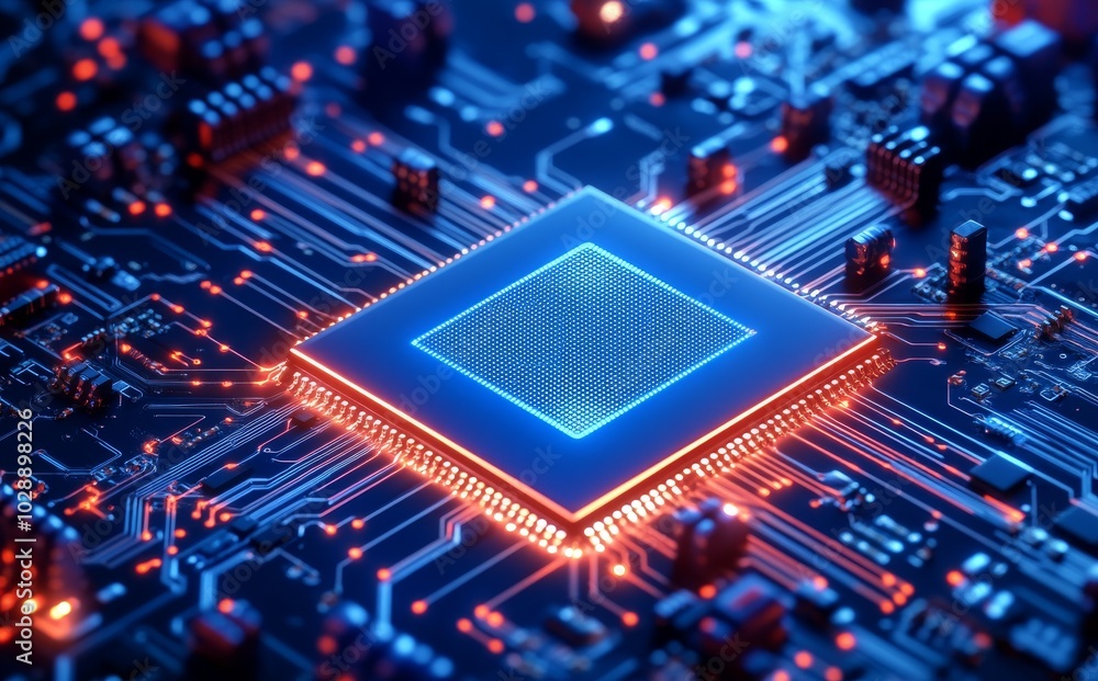 Poster a background of circuit boards with microchip processor technology on a dark blue background. an ill