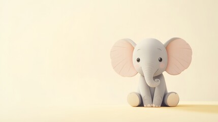 Fototapeta premium Adorable cartoon elephant with big ears and pink cheeks sitting on a light yellow background.