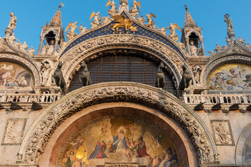 Famous and popular attractions in Venice. Basilica St Marco. The upper part of the facade
