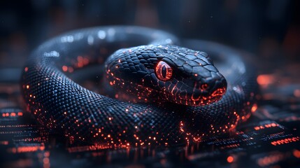 Fototapeta premium Digital snake intertwined with a glowing hologram of a stock market trend, rising upward
