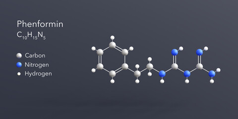 phenformin molecule 3d rendering, flat molecular structure with chemical formula and atoms color coding