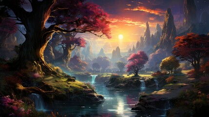 Dreamy Landscape with Sunset and Waterfall