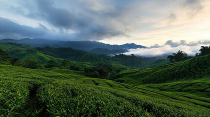 Obraz premium Lush green tea hills under dramatic sky create serene landscape
