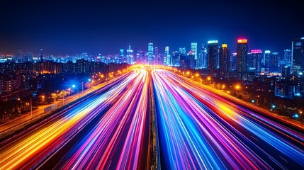 Fototapeta premium Climbing stock market charts with a fast-blurred highway in the background, showcasing economic momentum