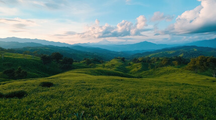 Lush green tea hills stretch across landscape under serene sky