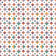 Summer abstract seamless vector pattern with stylised flowers and polka dots. Decorative geometric floral grid texture for wallpaper, prints, fashion fabrics and home decor.