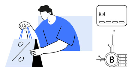 Man holding shopping bag with discount symbol next to credit card and Bitcoin icon. Ideal for online shopping, e-commerce, digital payments, discounts, and cryptocurrencies. Minimalist, modern, clean