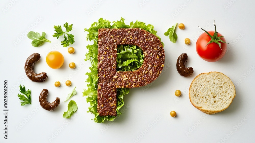 Poster colorful and appetizing representation of the letter p artfully shaped from hamburger components inc