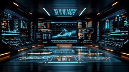 Floating hologram chart depicting stock return on investment, bright futuristic colors and financial data