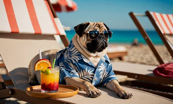 A fashionable pug relaxes on a sun lounger at a beautiful beach, sporting sunglasses and a floral shirt while savoring a colorful cocktail