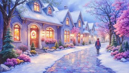 Fototapeta premium Person walking on the first snow along charming street with colorful houses and warm lights