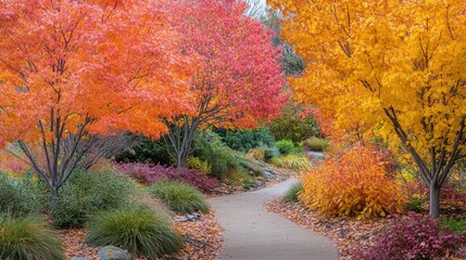 Fototapeta premium Scenic view of vibrant autumn leaves in a quiet park, nature beauty on display with rich fall colors and peaceful paths