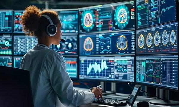 In a bustling control room, a professional engages with multiple screens, analyzing real-time data visualizations and metrics late at night, showcasing cutting-edge technology in action