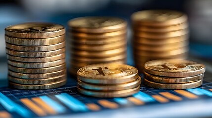 House model with stacked coins and a glowing hologram graph showing upward financial trends, real estate investment idea