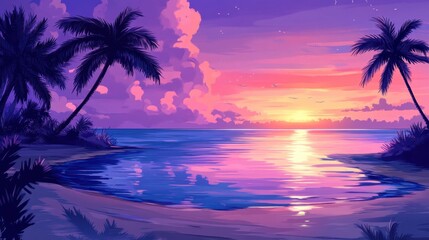 Fototapeta premium Serene tropical beach at sunset, with palm trees swaying in the breeze and calm ocean waves reflecting the warm hues of the sky