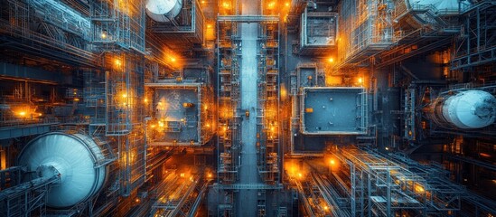 Aerial view of a large industrial plant with intricate network of pipes and structures.
