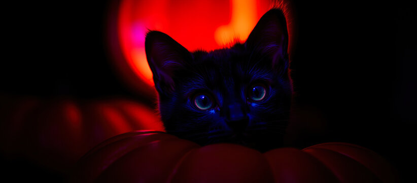 black cat peeking from behind a pumpkin