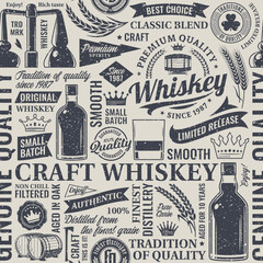 Retro styled whiskey seamless pattern or background. Whiskey and distilling company icons, branding and identity design elements
