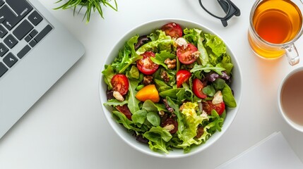 Top view of a salad dish filled with nutritious food, a keyboard, and tea on a white background at an office desk