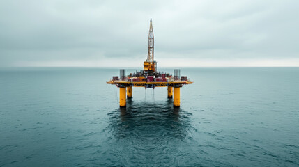Offshore oil rig standing tall in ocean, surrounded by calm waters and cloudy sky, showcasing industrial engineering and marine operations