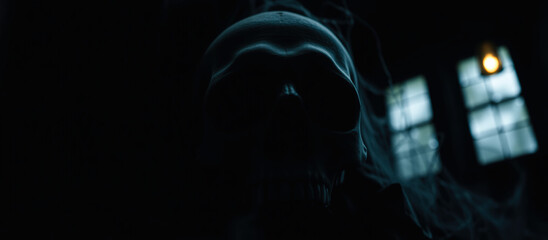 dimly lit skull a shadowy room