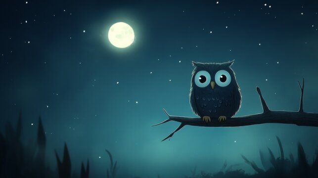 A cartoon owl perched on a branch under a full moon and starry night.
