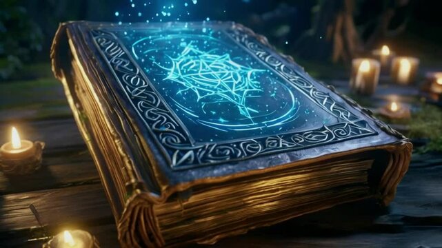 Mystical Forest with Glowing Ancient Book and Enigmatic Symbols 4K