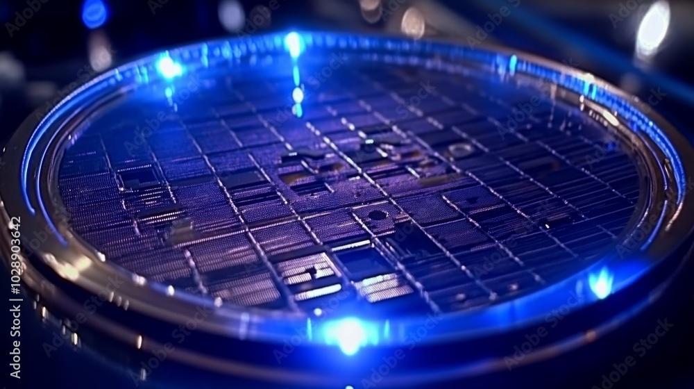 Poster a silicon wafer during the photolithography process inside a complex computer chip production machin