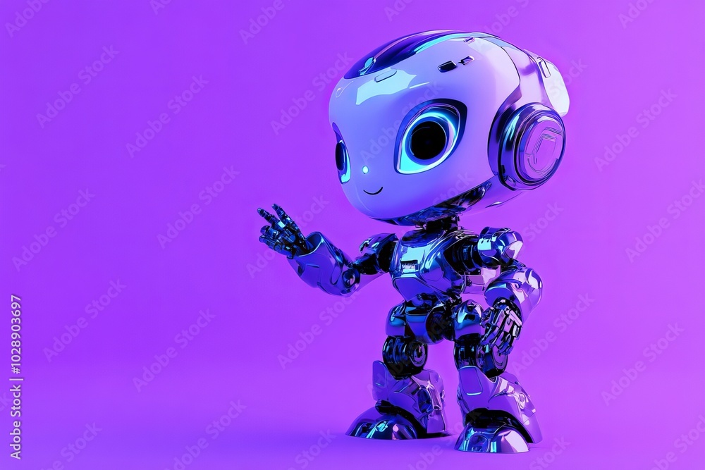 Poster a cute robot pointing at a space. animation based on stock