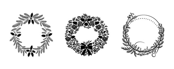 Christmas botanical wreath illustration set design with fir, pine, holly leaves, and pine cones.