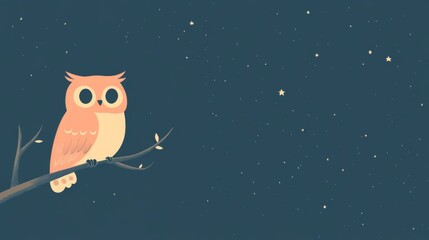 Fototapeta premium A cartoon owl perched on a branch with a starry night sky behind it.