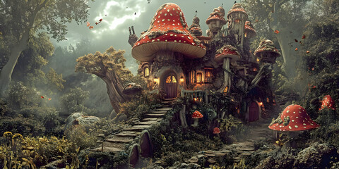 Obraz premium toadstool house, ai generated.