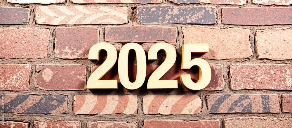 Canvas Prints golden 2025 year numbers on a brick wall