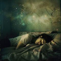 Woman sleeping and dreaming, magical aura, stars