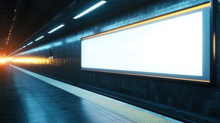 Train station platform featuring a blank billboard, ideal for promotional and marketing campaigns in a bustling commuter environment