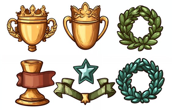 A set of cartoon trophies, wreaths, and ribbons.