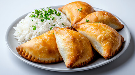 Delicious golden empanadas served with fluffy white rice on a plate.