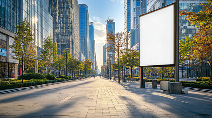 Fototapeta premium Large blank billboard on a clean, wide city sidewalk with modern high-rise apartments in the background