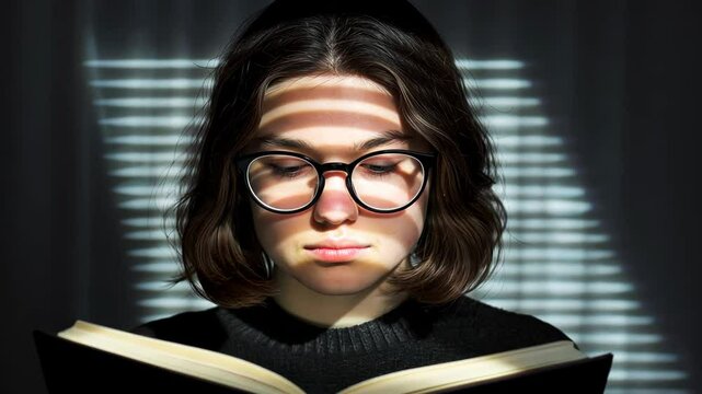 Woman Reading a Book in Dim Lighting With Zebra Shadow Pattern Across Face, Indoor Scene, Focus on Facial Expression and Book, Concept of Literature and Concentration