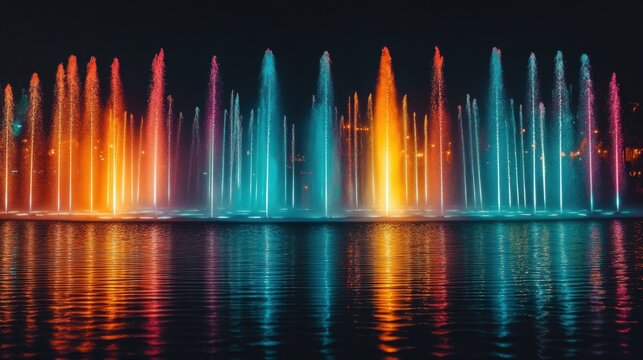 Tsaritsyno Park's nighttime fountain display, with vibrant colored lights and graceful water jets, creating a mesmerizing show