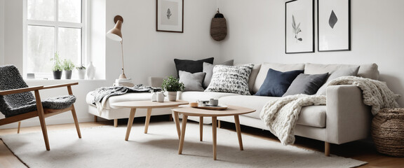 Fototapeta premium A modern living room with Scandinavian-inspired furniture, white walls, and a cozy, chunky knit throw.