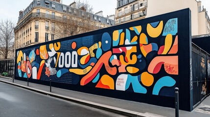 Colorful abstract street art mural on an urban wall with geometric shapes and vibrant patterns near a historic building