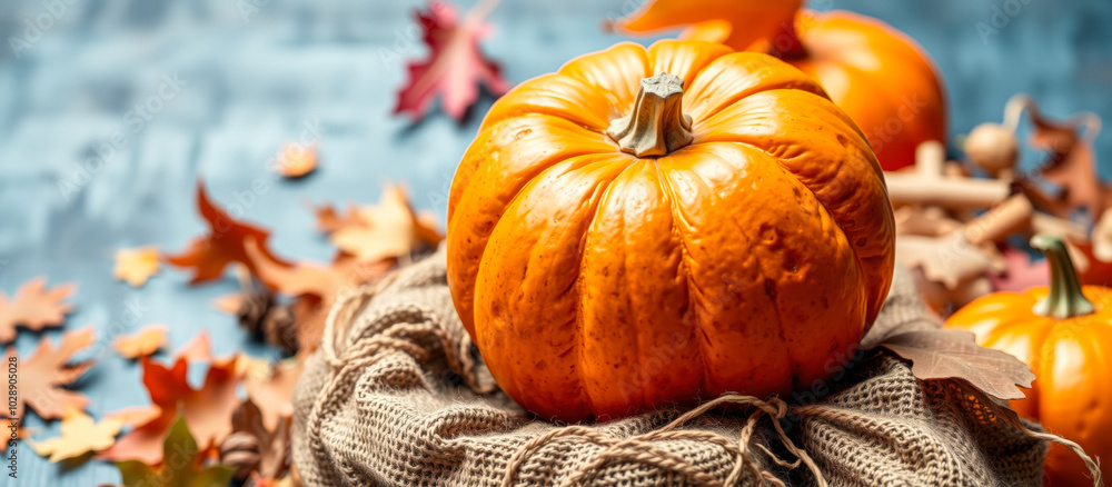 Wall mural perfectly ripe pumpkin on burlap