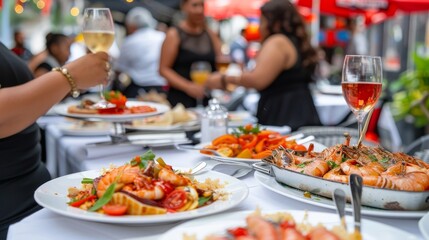 Embracing Global Flavors: Joyful Black Travelers Exploring Culinary Traditions at Vibrant Restaurant