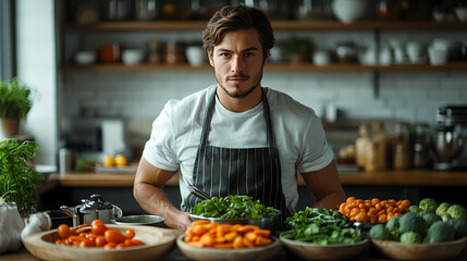 Fototapeta premium The cook prepares vegetables in the kitchen at home. A young man in an apron is cooking vegetable stew or salad with ingredients at the kitchen table