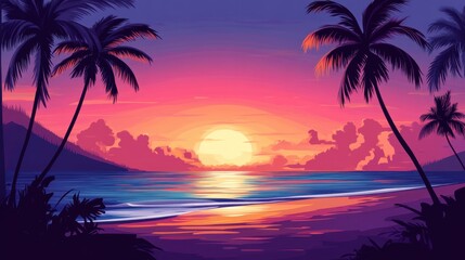 Obraz premium Warm tropical beach sunset with palm trees silhouetted against the vibrant sky, and gentle ocean waves lapping the shore