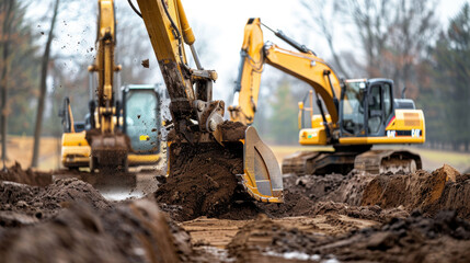 Closeup of excavators working on construction site, showcasing heavy machinery digging into earth. scene captures power and precision of excavation work