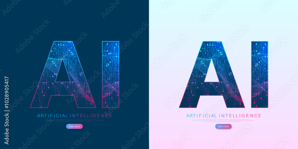 Poster Artificial intelligence and machine learning vector logo, icon, symbol. Artificial intelligence wireless technology design. Neural networks and modern technologies concepts