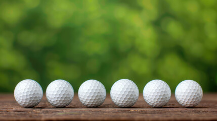 Closeup of golf balls lined up on wooden surface, showcasing their textured dimples against blurred green background. arrangement creates sense of order and focus
